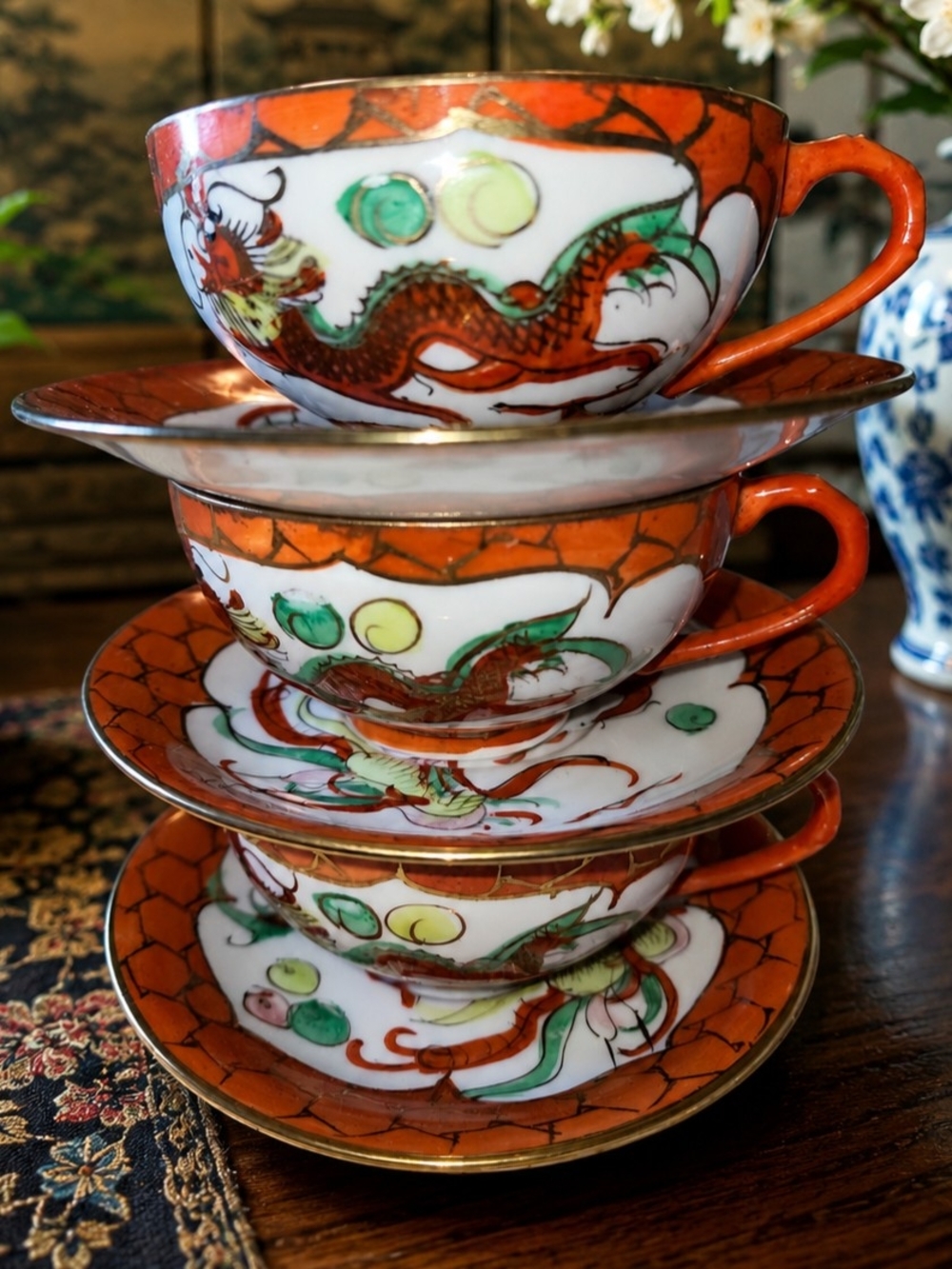 Vintage Chinese Dragon Porcelain Tea Cups & Saucers Set of 3 Made in China Red